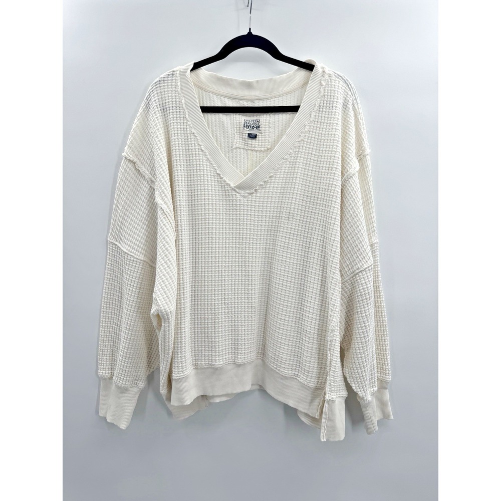 American Eagle XLarge This Feels Seriously Lived In Waffle Knit V-Neck Cozy Worn